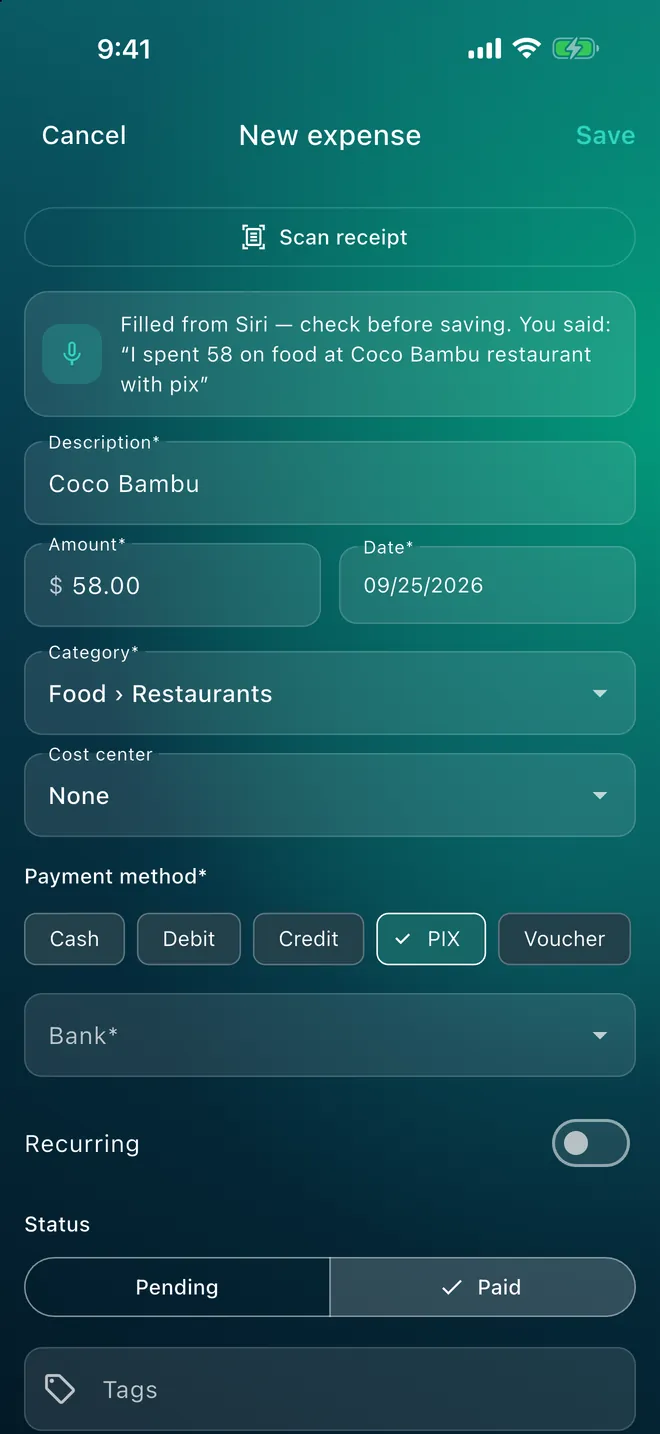 Expense filled in by Siri