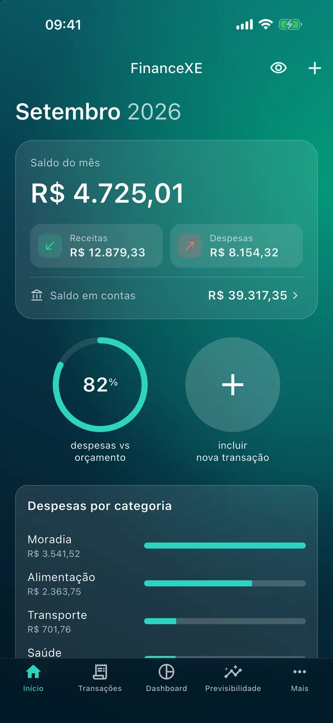 Tela Início do FinanceXE com o saldo do mês