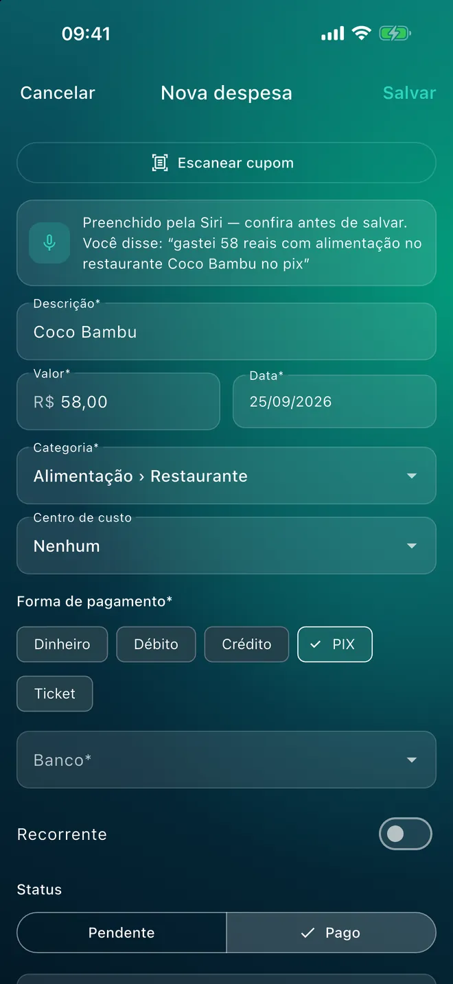 Despesa preenchida pela Siri